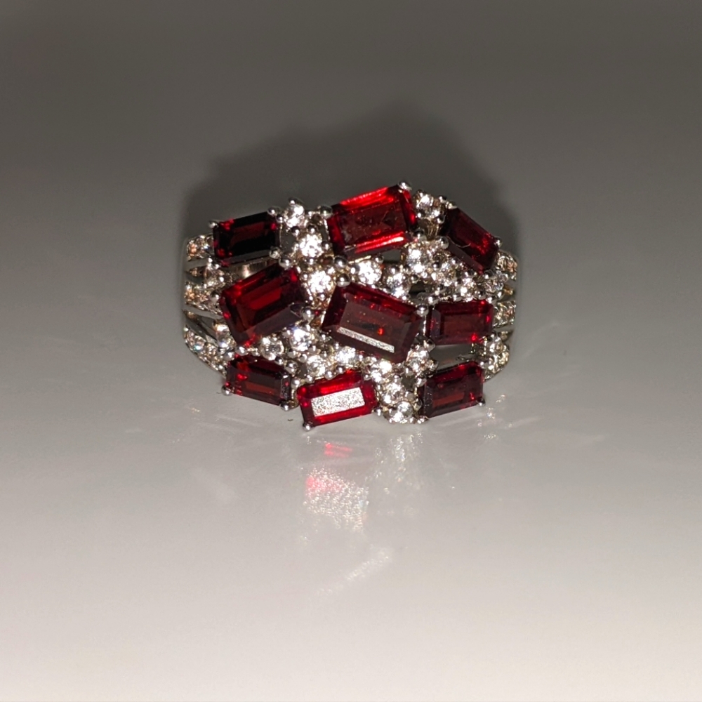 Red Garnet Gemstone and White Zircon Sterling Silver Ring